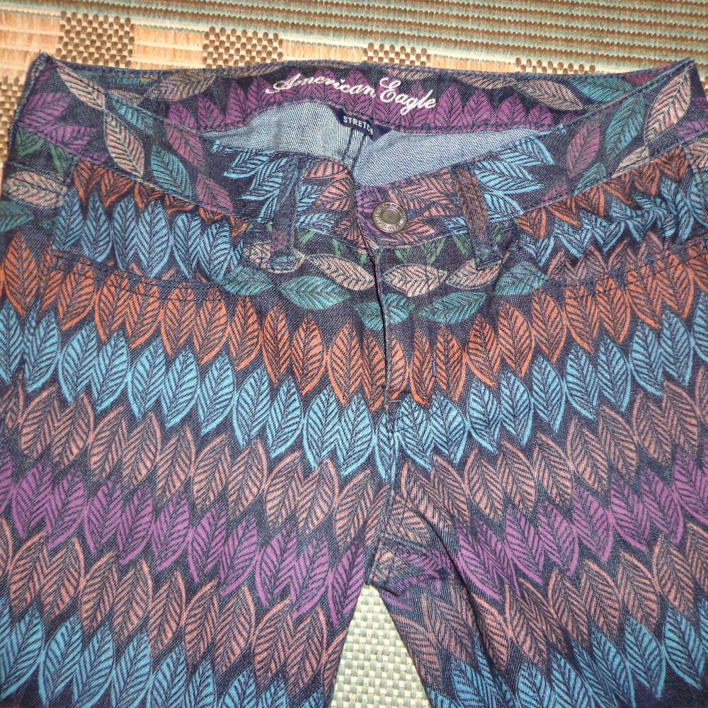 American Eagle Outfitters Stretch Jeggings 4 Leaf/Feather Multicolored Zip Leg - Picture 2 of 16